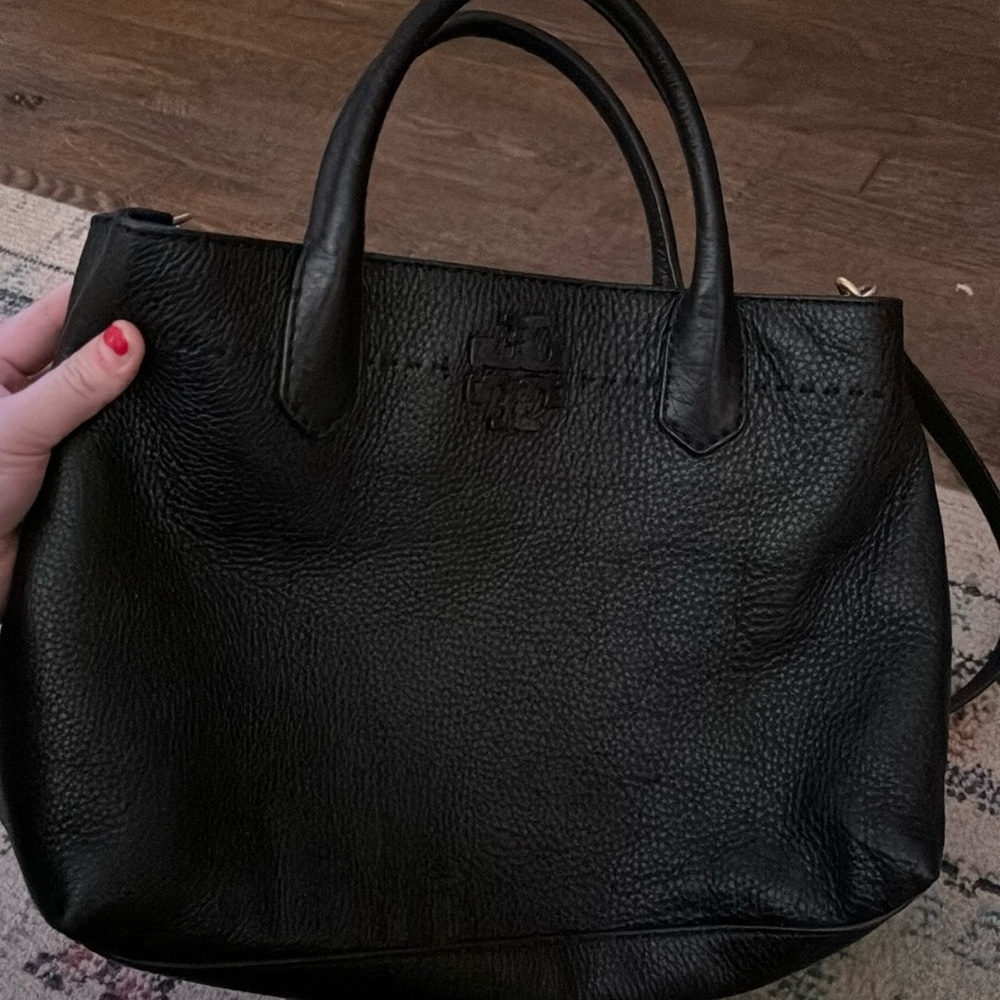 Tory Burch black pebbled tote with long strap